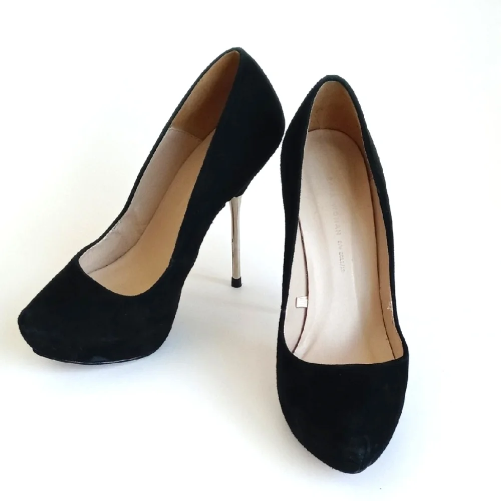 Zara Women’s Elegant Black Leather Suede Steel Chrome 5” Platform Heels 38 (7.5)